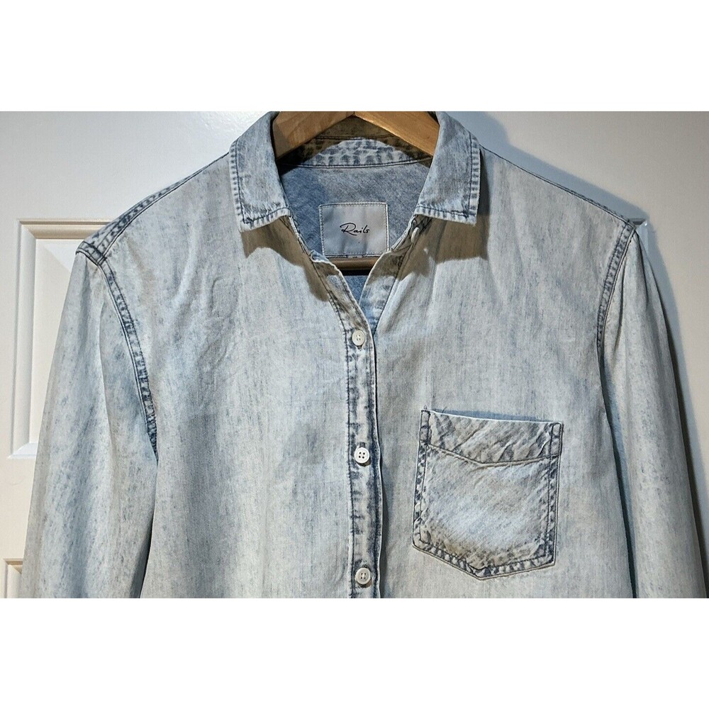 Rails Denim Ingrid Raw Hem Shirt Light Acid Wash Button Up Long Sleeve Sz XS